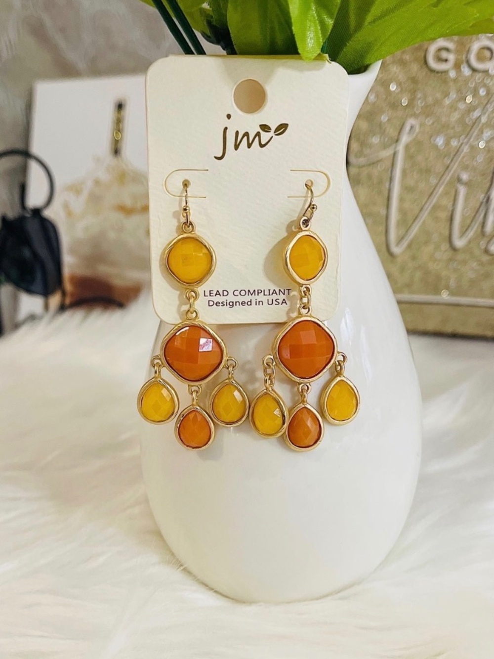 Colorful Orange Beaded Fashion Statement Earrings